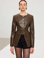 Metal Button Fitted PU Leather Jacket