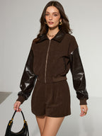 Faux Leather Panel Corduroy Zip-Up Jacket