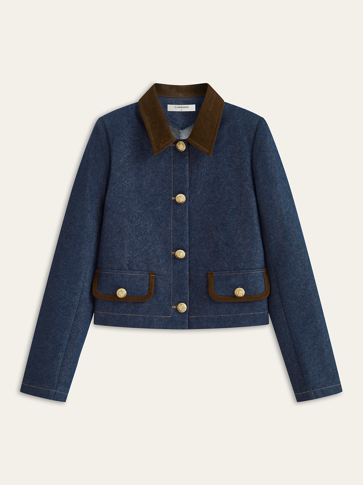 Metal Button Suede Collar Denim Jacket