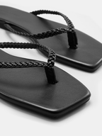 Cow Leather Square Toe Braided Thong Flip-Flops