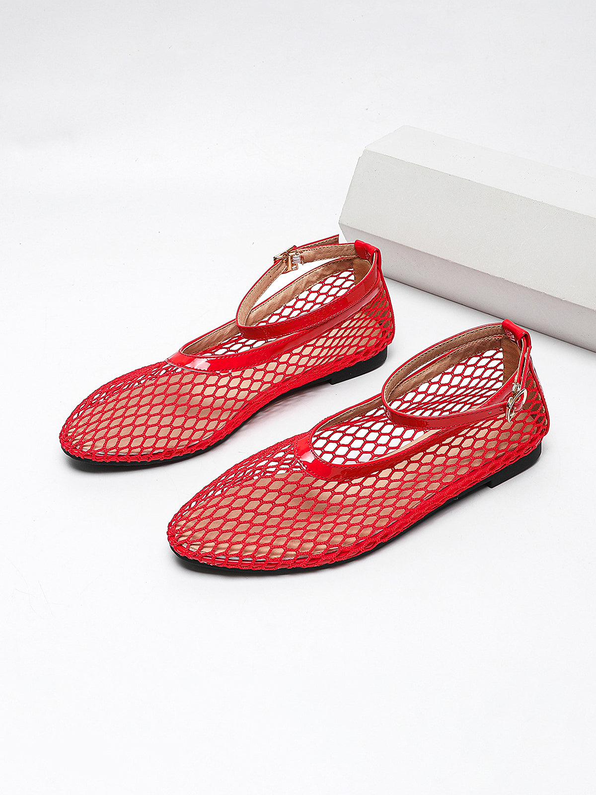 Fishnet Mesh Ankle Strap Ballet Flats