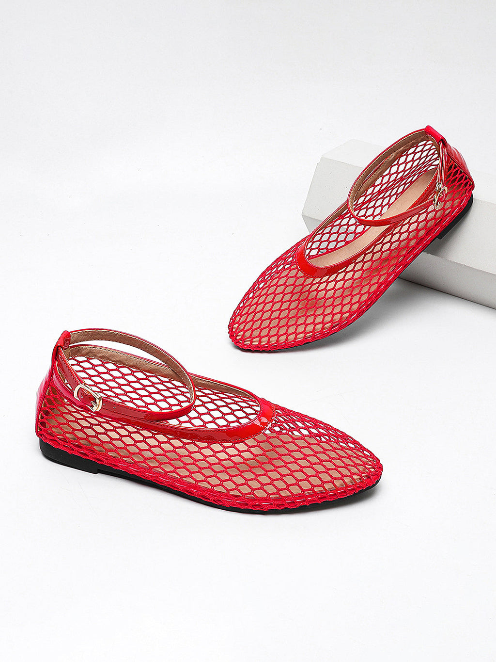 Fishnet Mesh Ankle Strap Ballet Flats