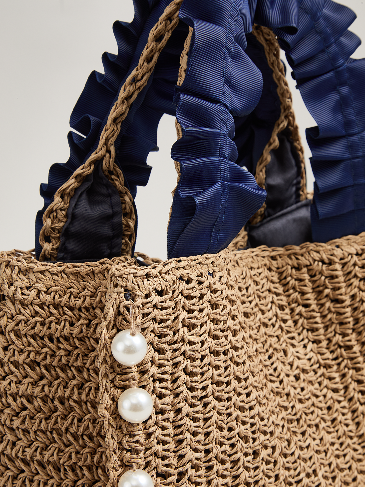 Pearl Decor Woven Straw Tote Bag