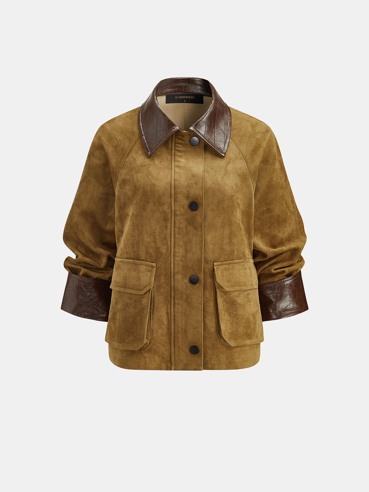 Faux Leather Collar Suede Effect Utility Jacket