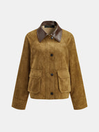 Faux Leather Collar Suede Effect Utility Jacket