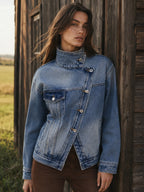 High Stand Collar Slanted Placket Denim Jacket
