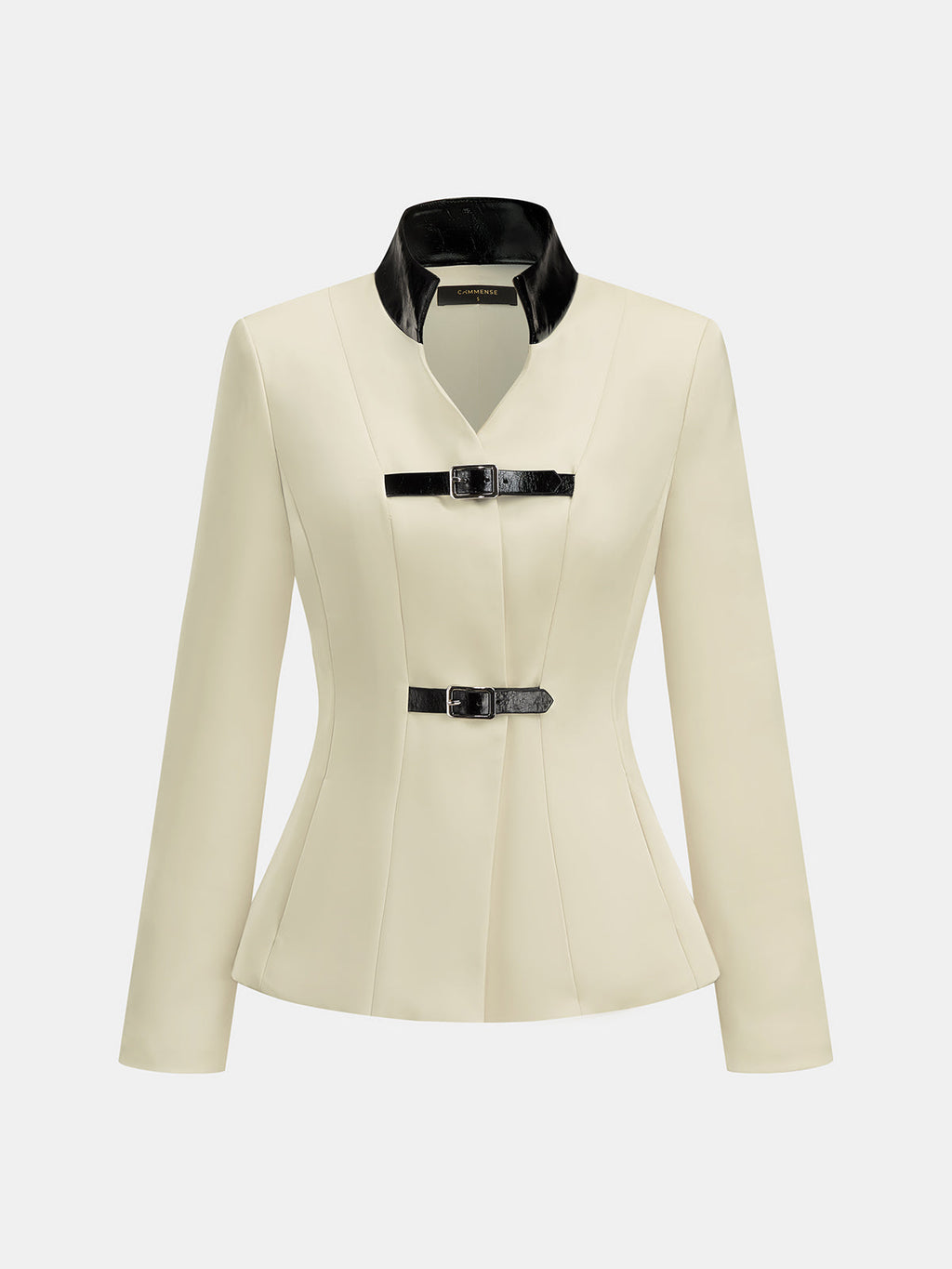 Faux Leather Collar Buckle Detail Fitted Blazer