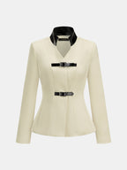 Faux Leather Collar Buckle Detail Fitted Blazer