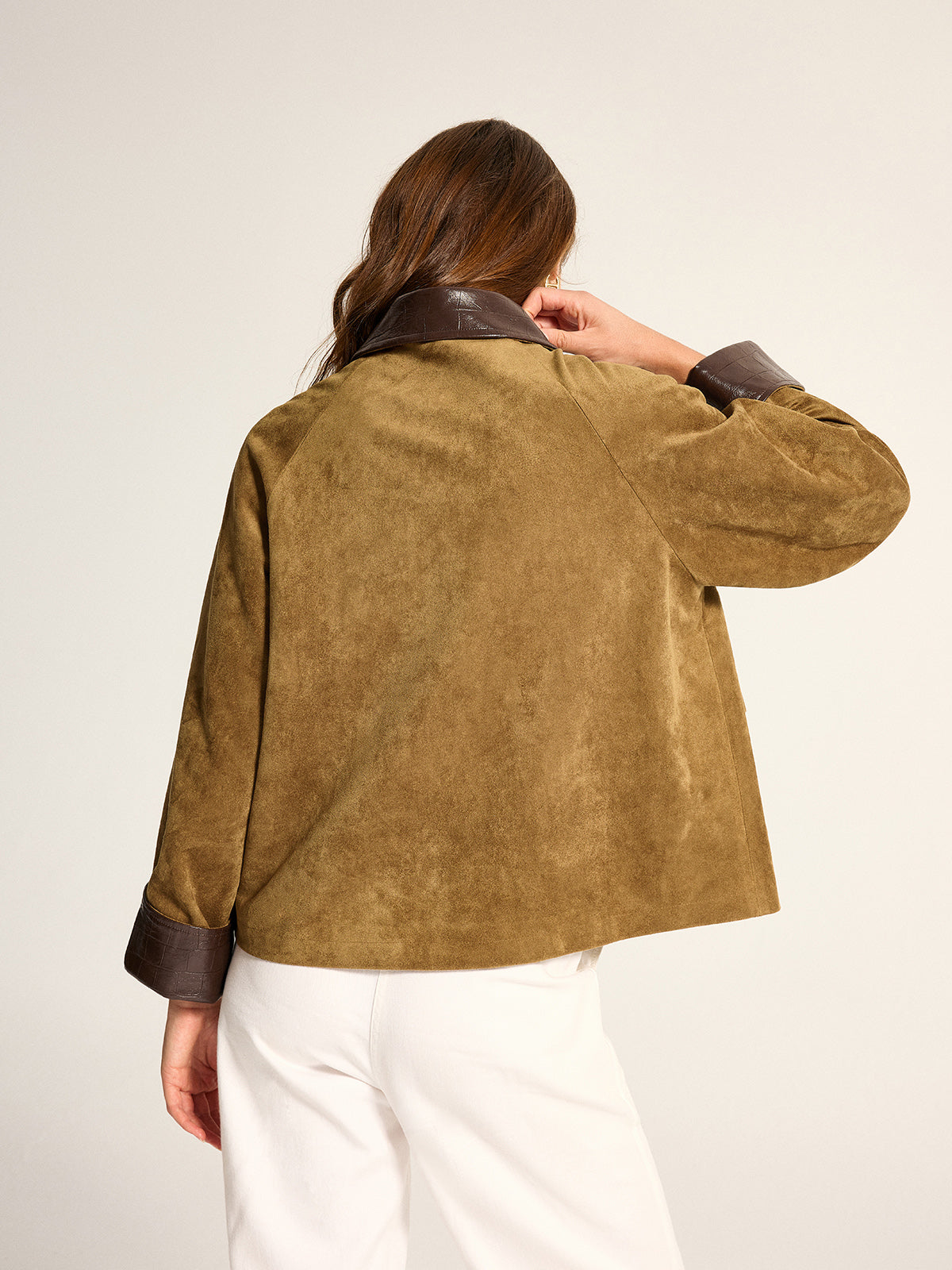 Faux Leather Collar Suede Effect Utility Jacket