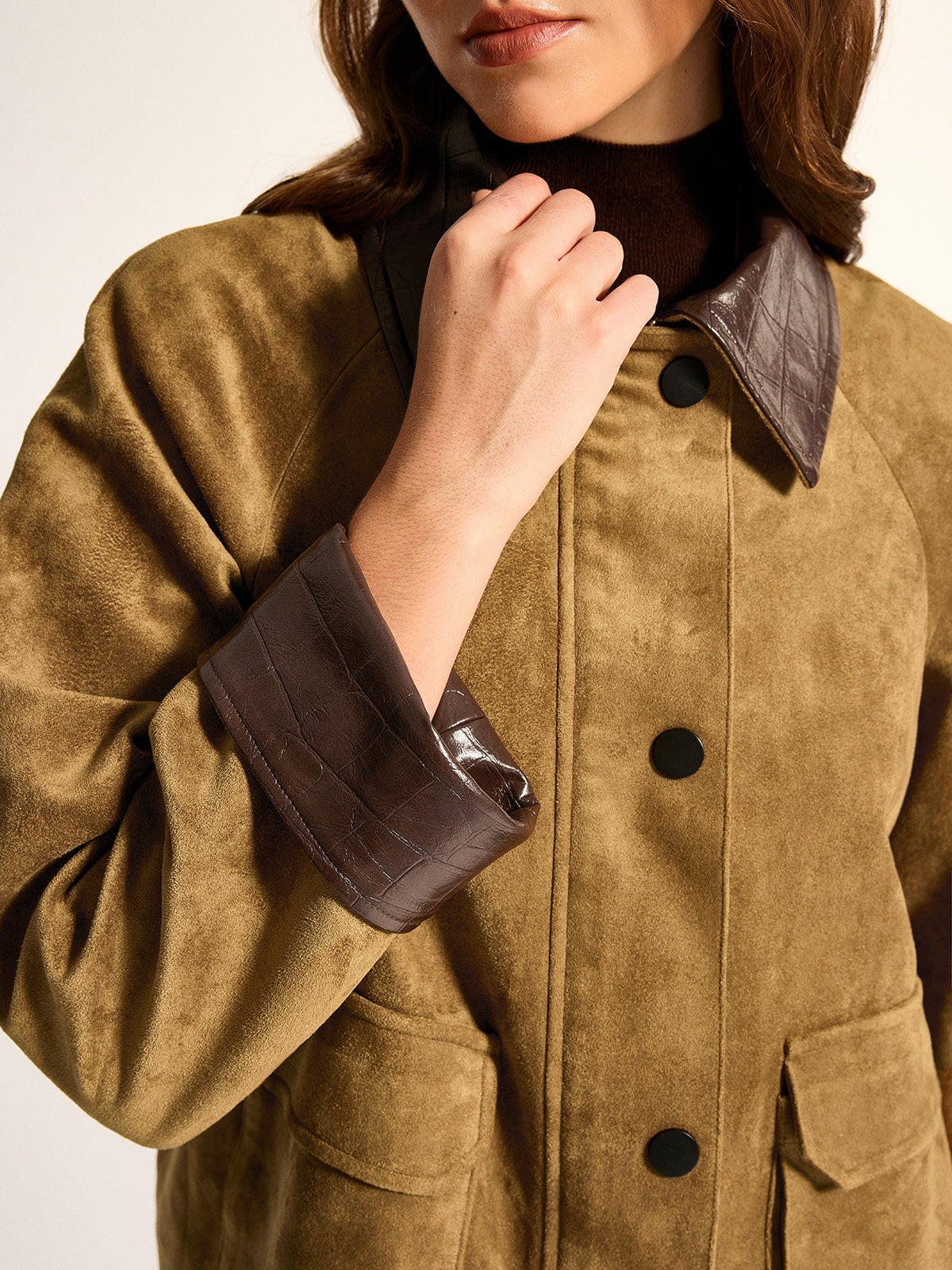Faux Leather Collar Suede Effect Utility Jacket