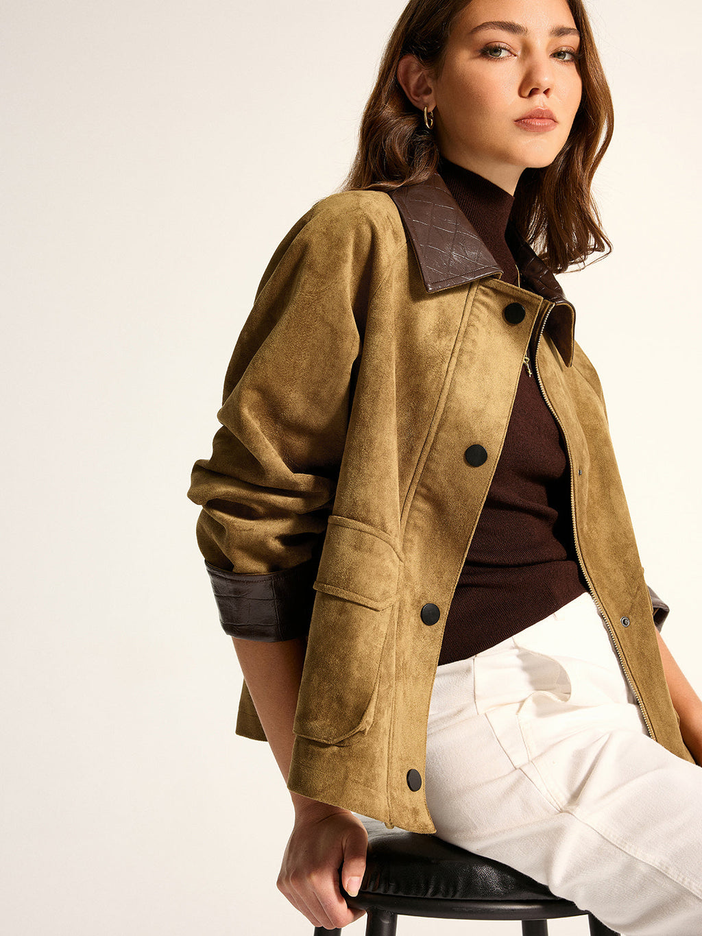 Faux Leather Collar Suede Effect Utility Jacket