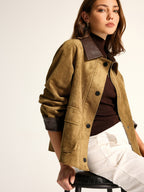 Faux Leather Collar Suede Effect Utility Jacket