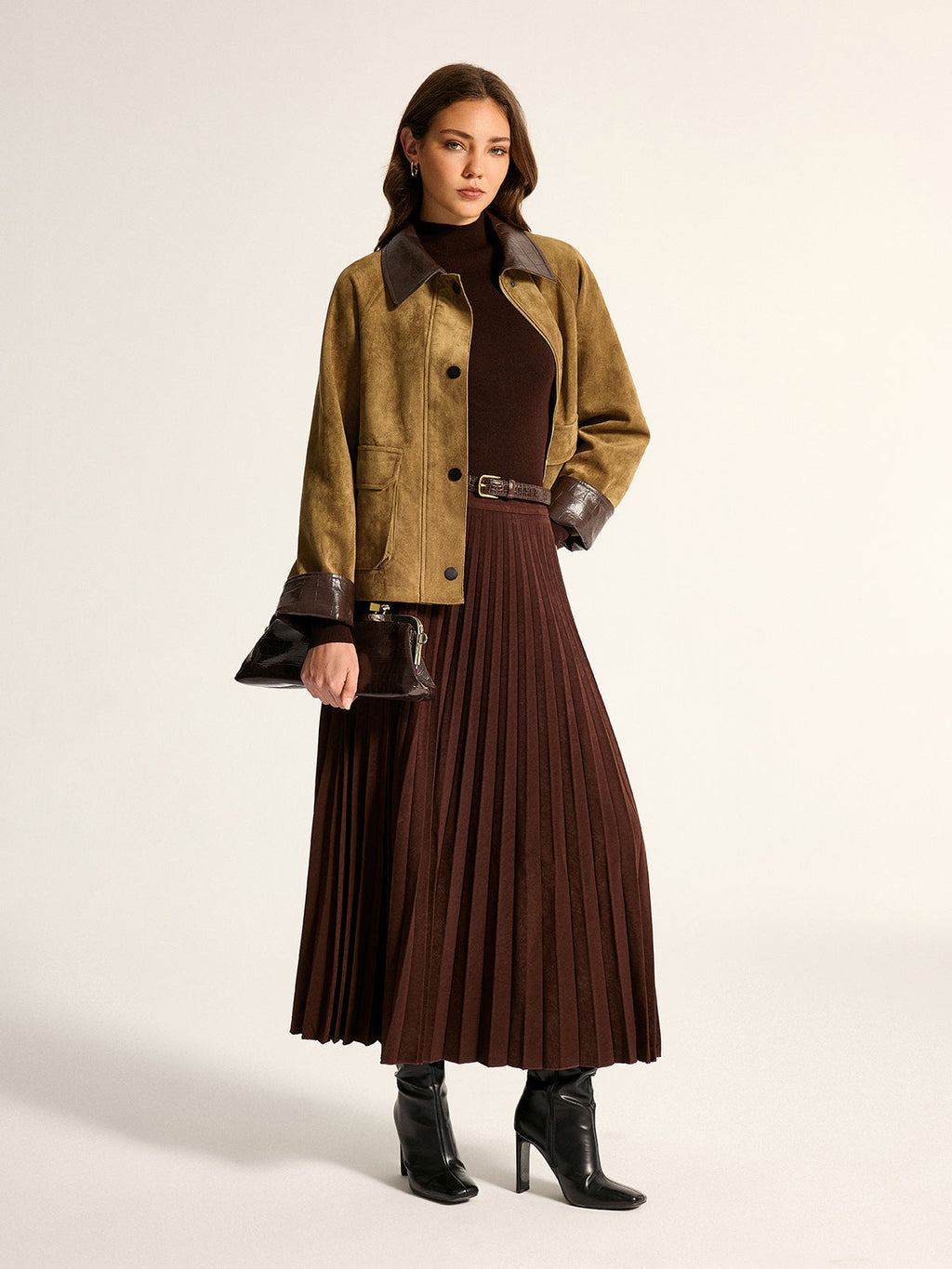 Faux Leather Collar Suede Effect Utility Jacket