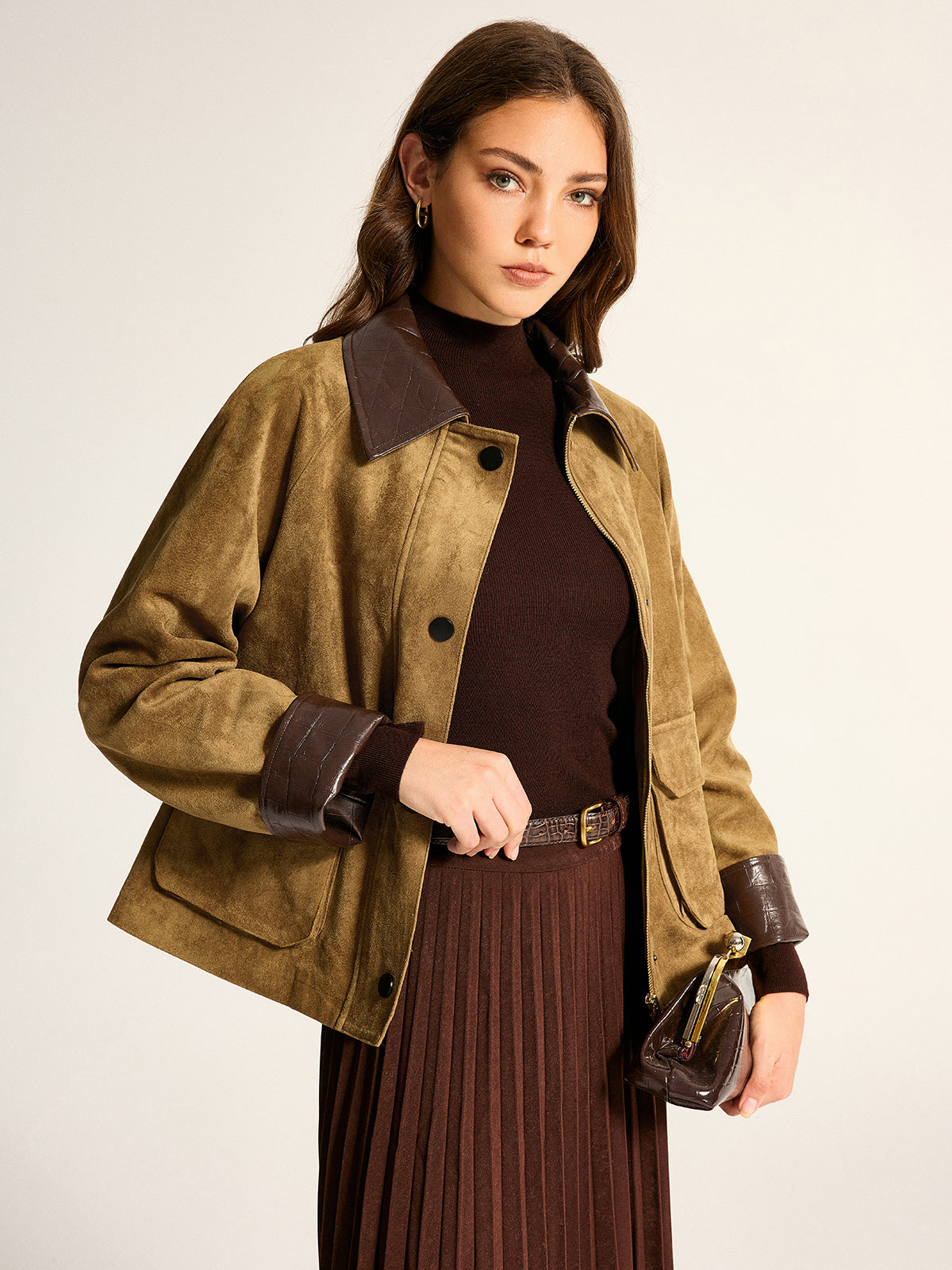 Faux Leather Collar Suede Effect Utility Jacket
