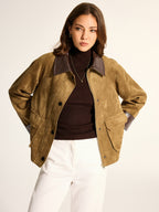 Faux Leather Collar Suede Effect Utility Jacket