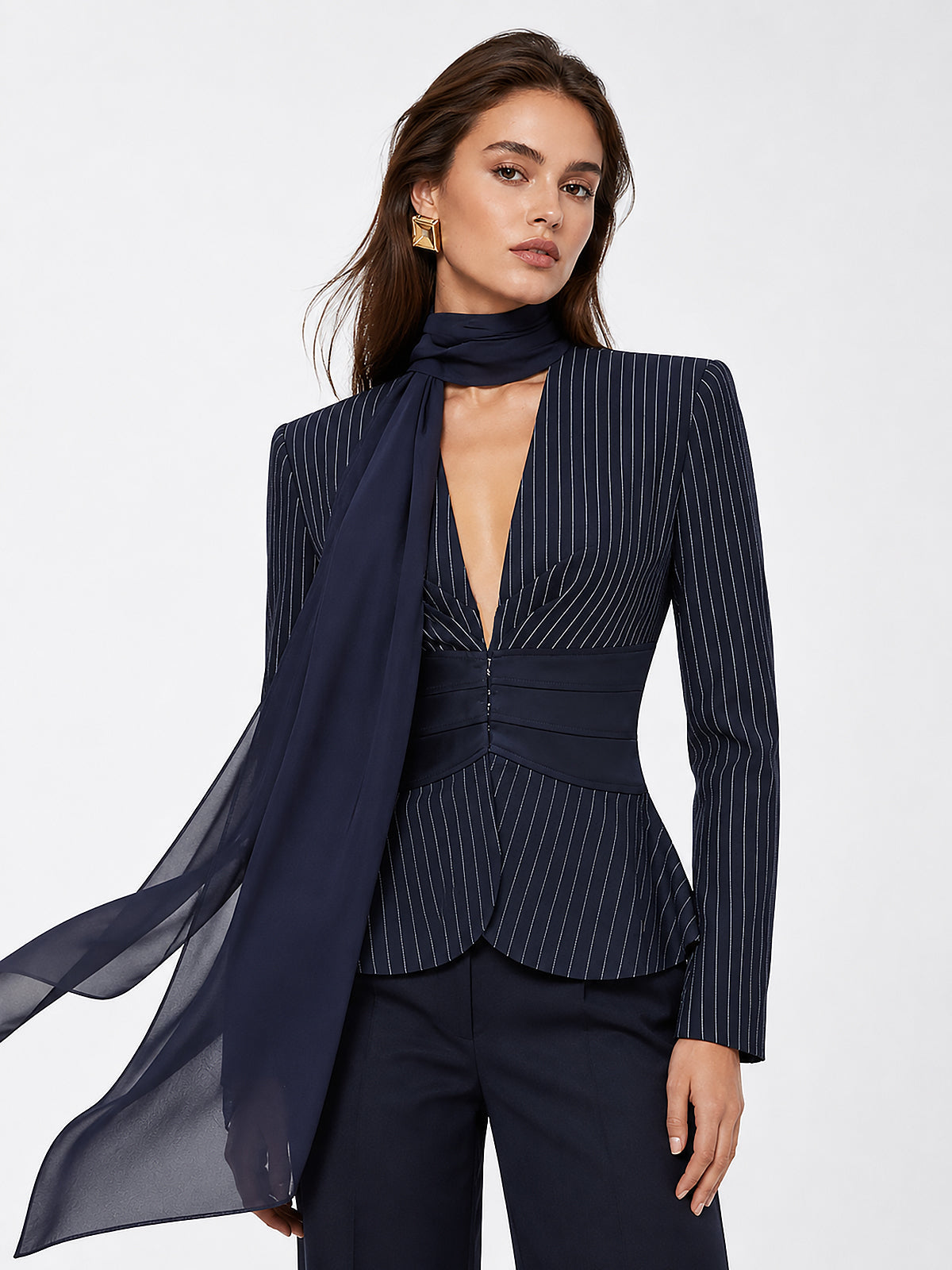Scarf Collar Pinstripe Blazer