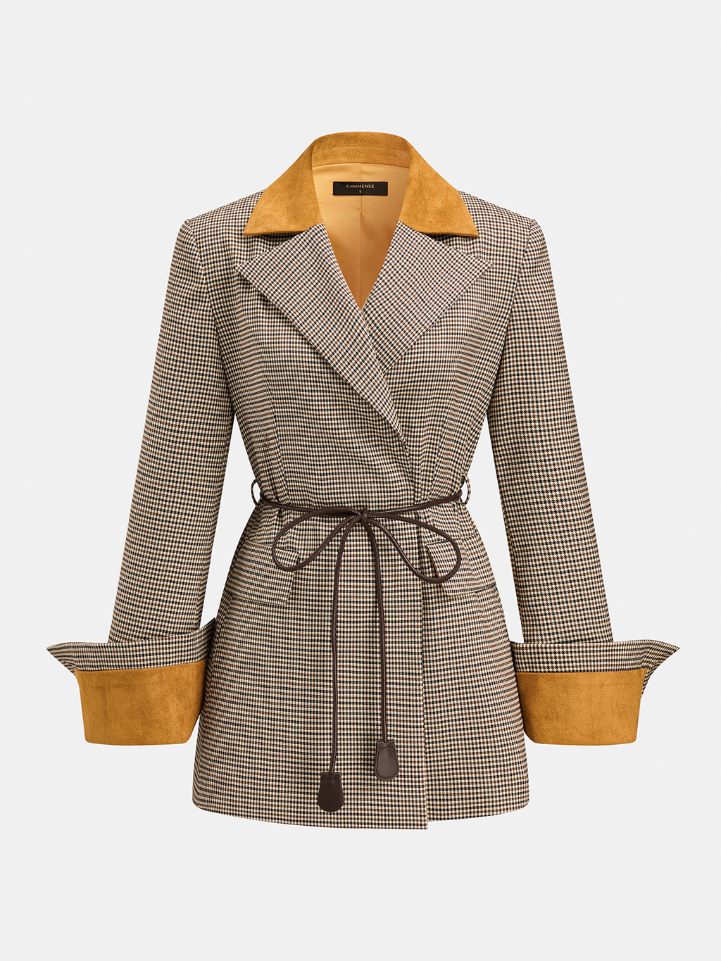 Faux Suede Collar Houndstooth Belted Blazer