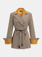 Faux Suede Collar Houndstooth Belted Blazer