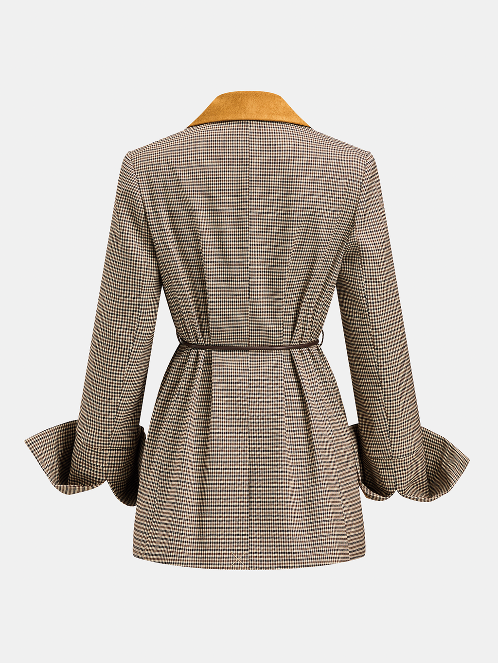 Faux Suede Collar Houndstooth Belted Blazer