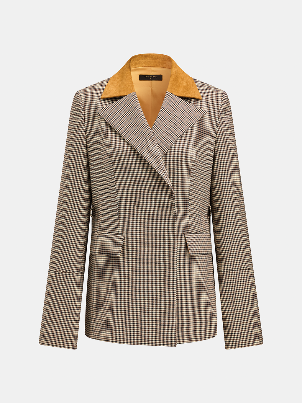 Faux Suede Collar Houndstooth Belted Blazer