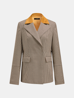 Faux Suede Collar Houndstooth Belted Blazer