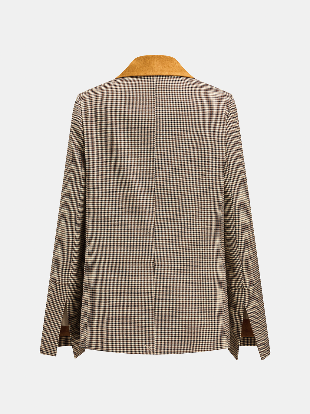 Faux Suede Collar Houndstooth Belted Blazer