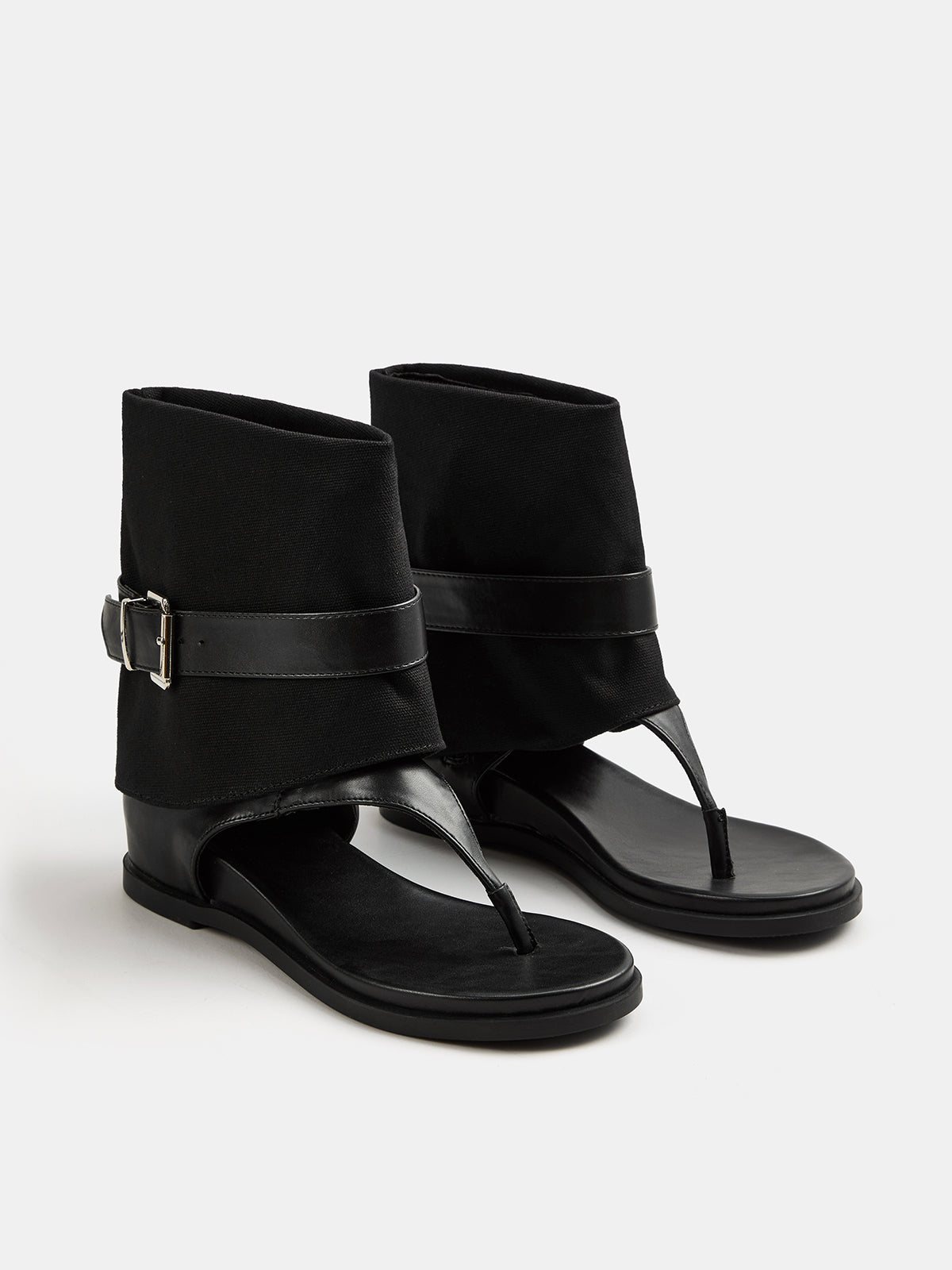 Mixed‑Material Cuffed Thong Sandals