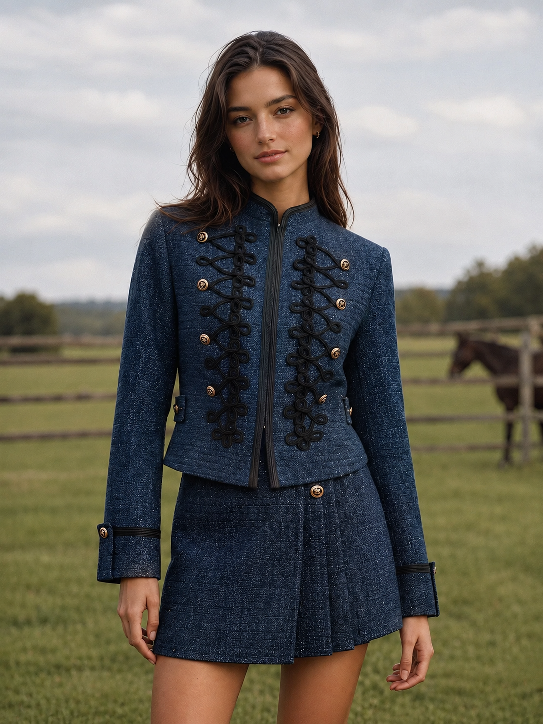 Military‑Style Braided Detail Tweed Blazer