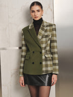 Color‑Block Plaid Double‑Breasted Wool Blazer