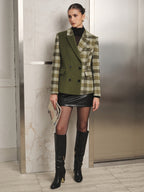 Color‑Block Plaid Double‑Breasted Wool Blazer