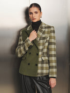 Color‑Block Plaid Double‑Breasted Wool Blazer
