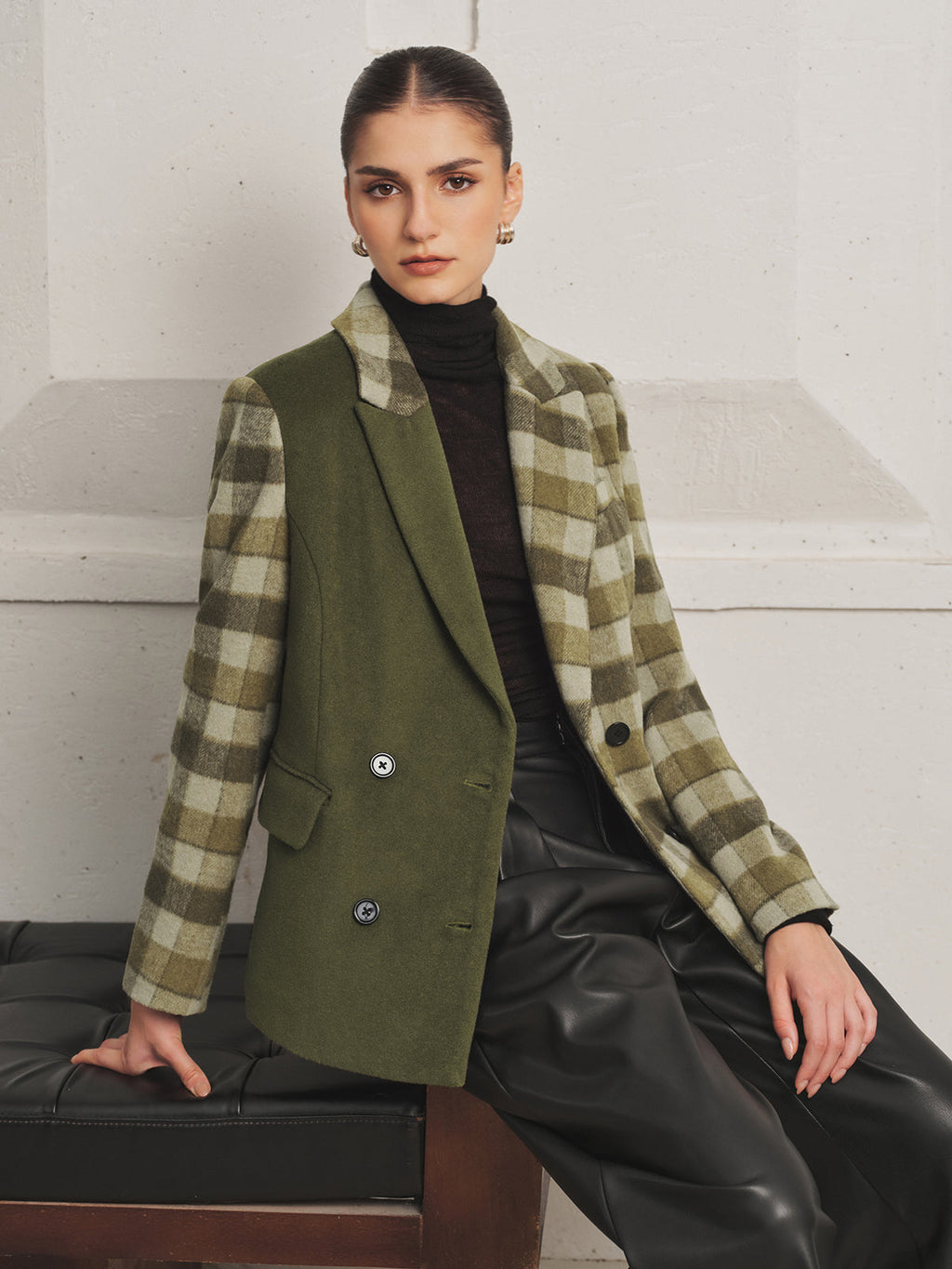 Color‑Block Plaid Double‑Breasted Wool Blazer