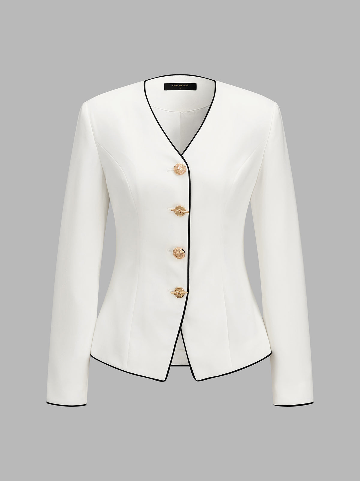 Contrast‑Trim V‑Neck Metal Button Fitted Blazer