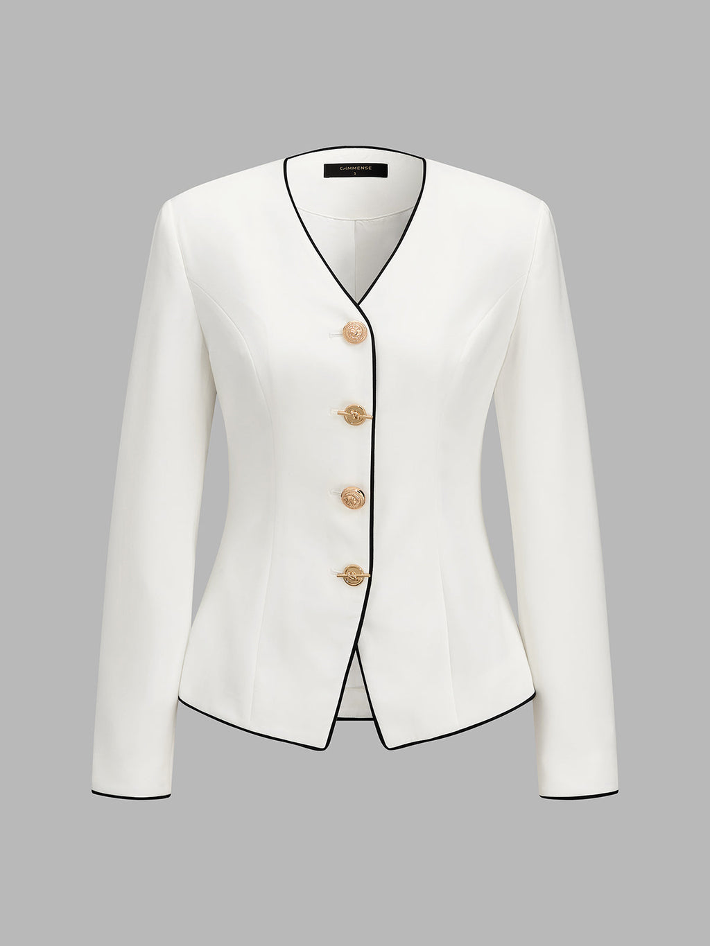 Contrast‑Trim V‑Neck Metal Button Fitted Blazer