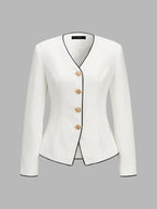 Contrast‑Trim V‑Neck Metal Button Fitted Blazer