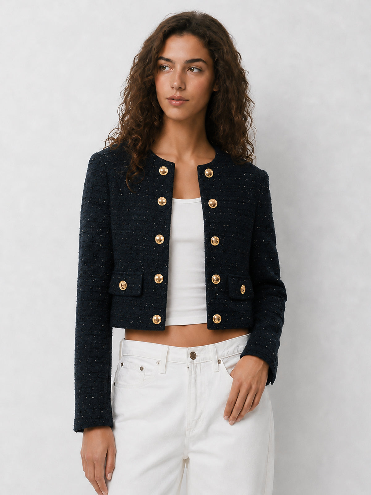 Sparkle Tweed Double‑Breasted Cropped Jacket