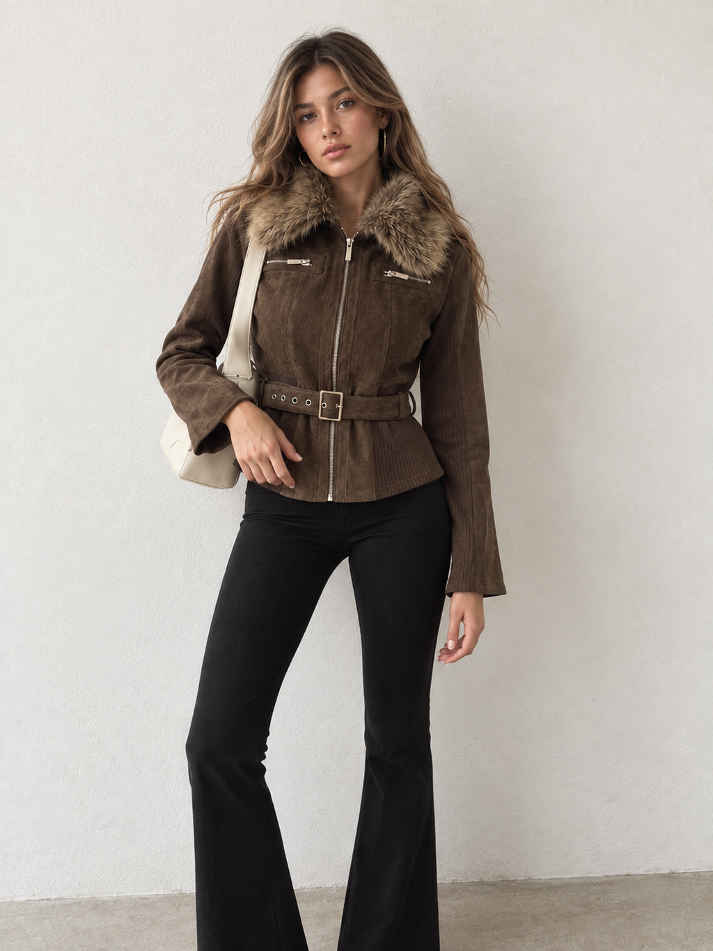 Faux Fur Collar Knit Panel Suede Effect Jacket