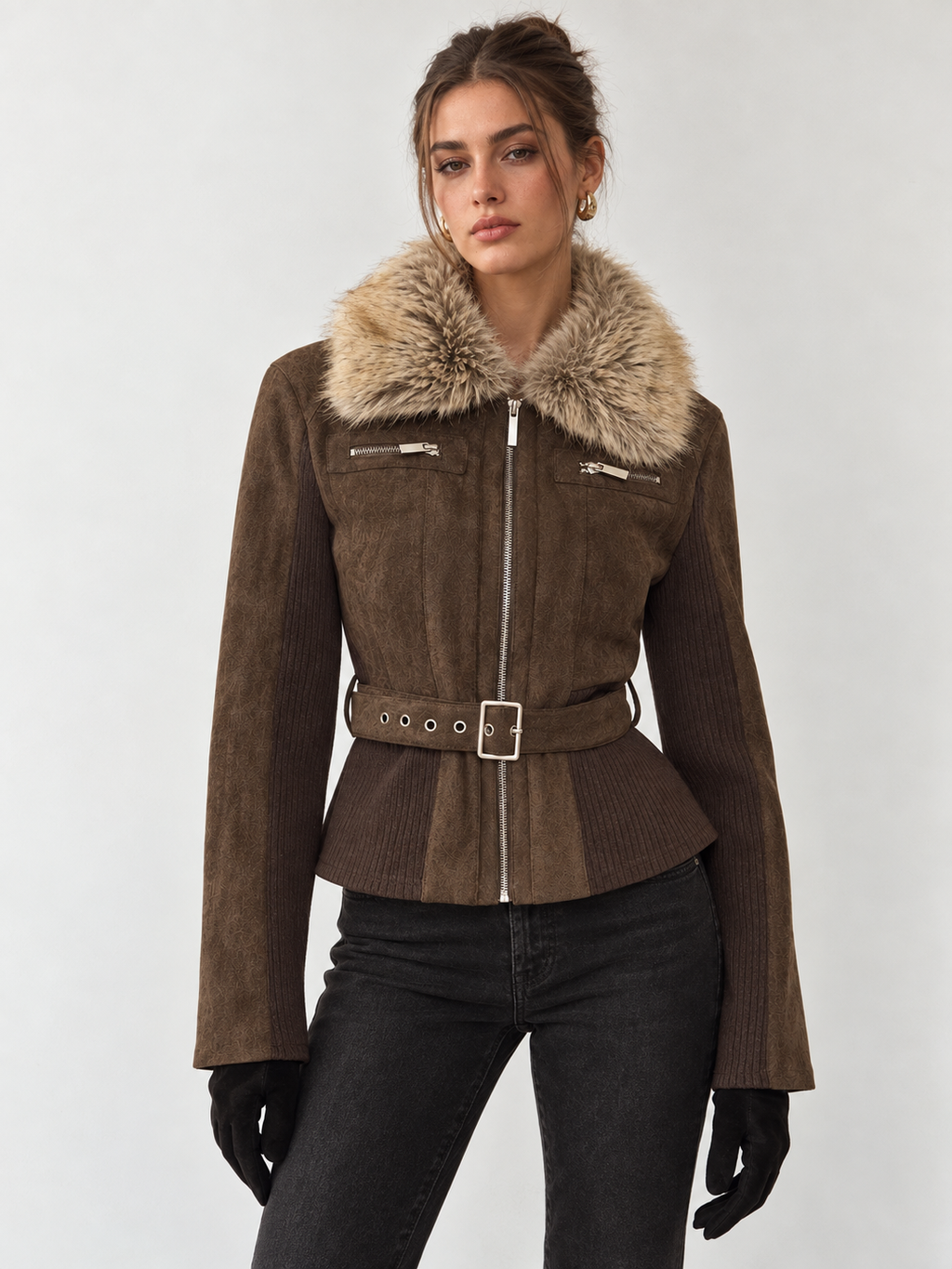 Faux Fur Collar Knit Panel Suede Effect Jacket