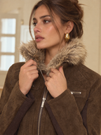 Faux Fur Collar Knit Panel Suede Effect Jacket