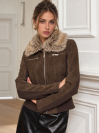 Faux Fur Collar Knit Panel Suede Effect Jacket