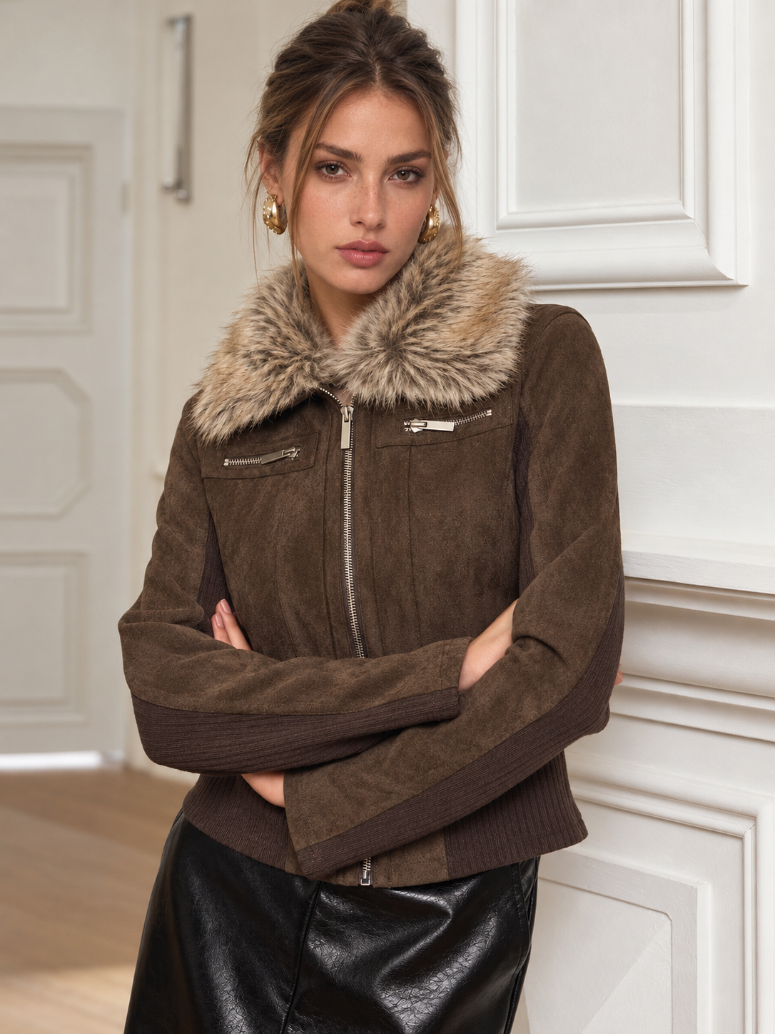 Faux Fur Collar Knit Panel Suede Effect Jacket
