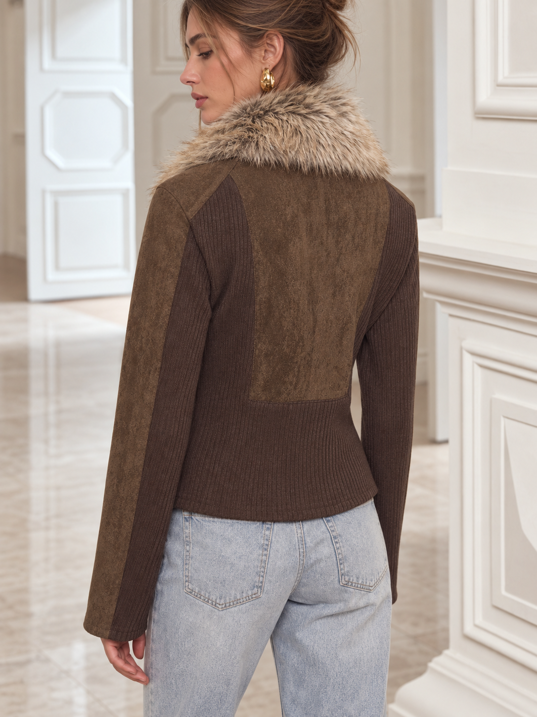 Faux Fur Collar Knit Panel Suede Effect Jacket