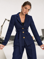 Metal Button Tweed Belted Blazer