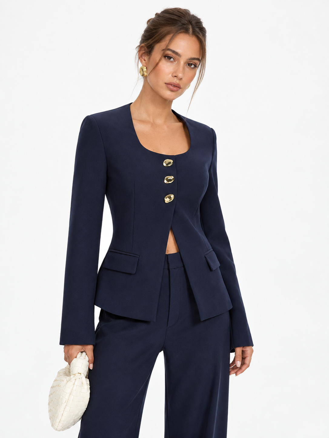 Metal Button Square Neck Blazer