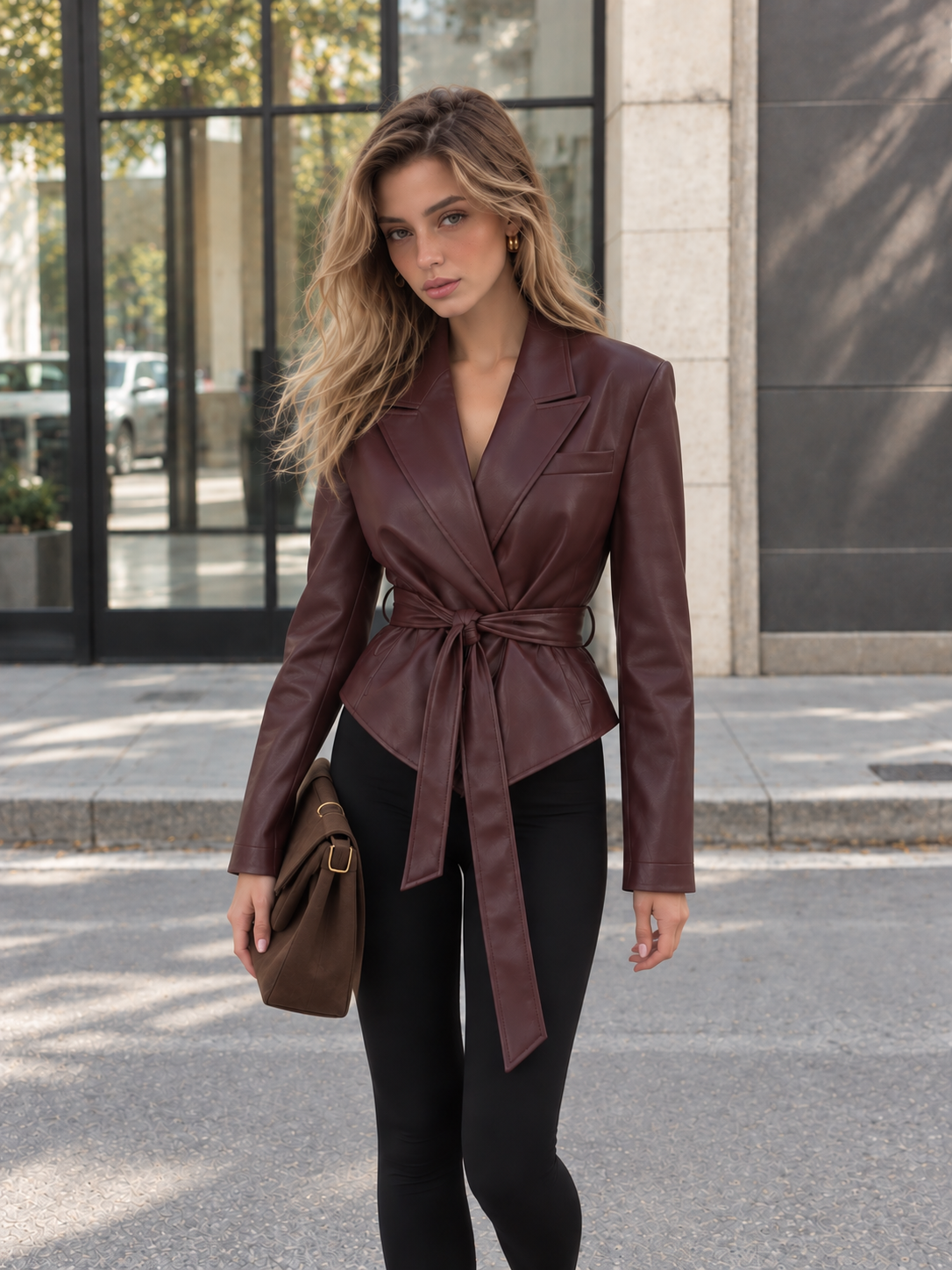 Lapel Faux Leather Belted Jacket