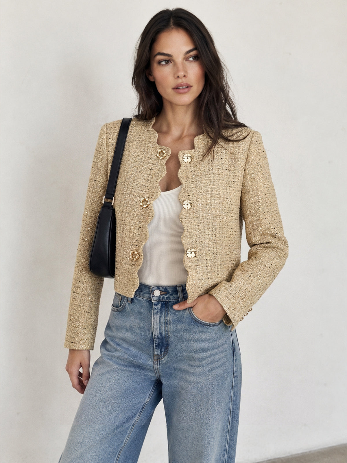Scallop Edge Sequin Tweed Cropped Jacket