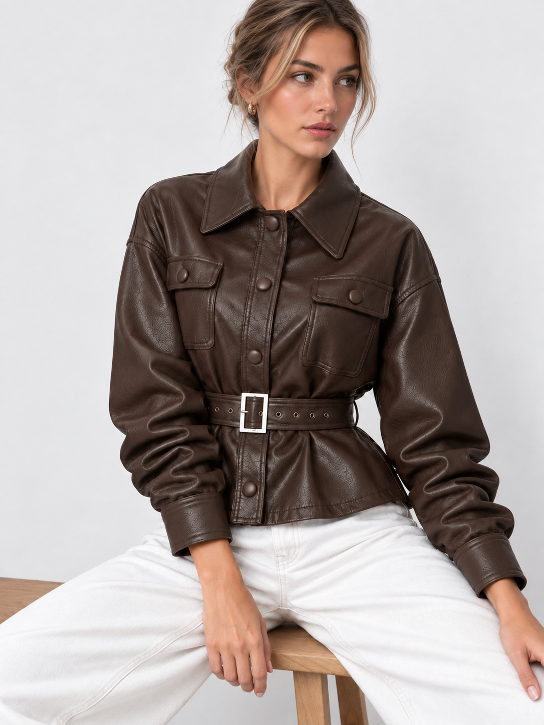 Belted Faux Leather Utility Jacket