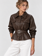 Belted Faux Leather Utility Jacket