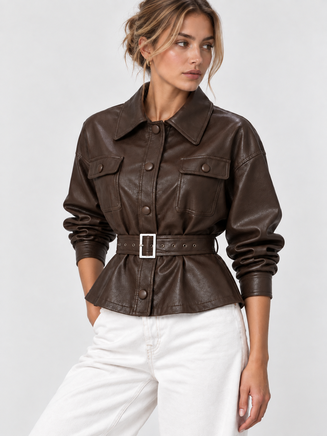 Belted Faux Leather Utility Jacket
