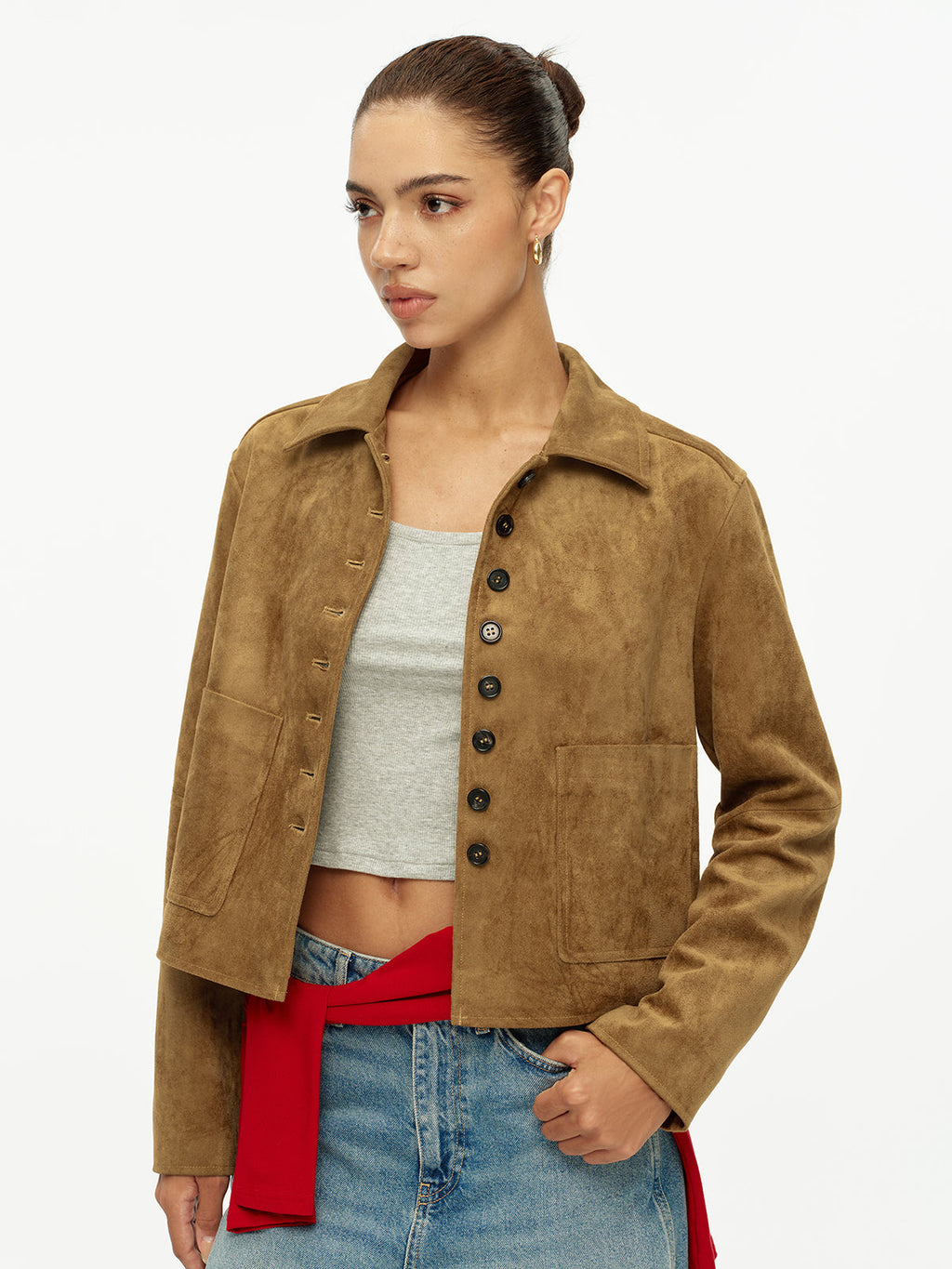 Faux Suede Button Front Collared Jacket